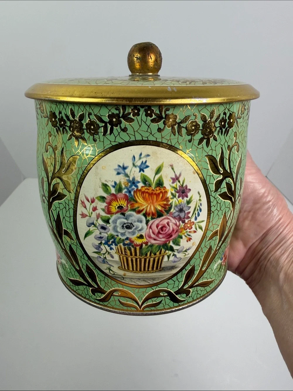 Vintage Biscuit Cookie Tea Tin England Floral Decorative Canister Gold Trim 6”